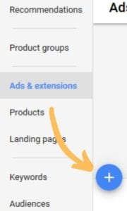 arrow pointing at the plus sign on the ads and extension page